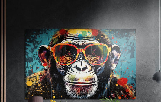 Pop art chimp in red glasses with paint splashes brushed aluminum wall art on a dark textured wall with plant tips below
