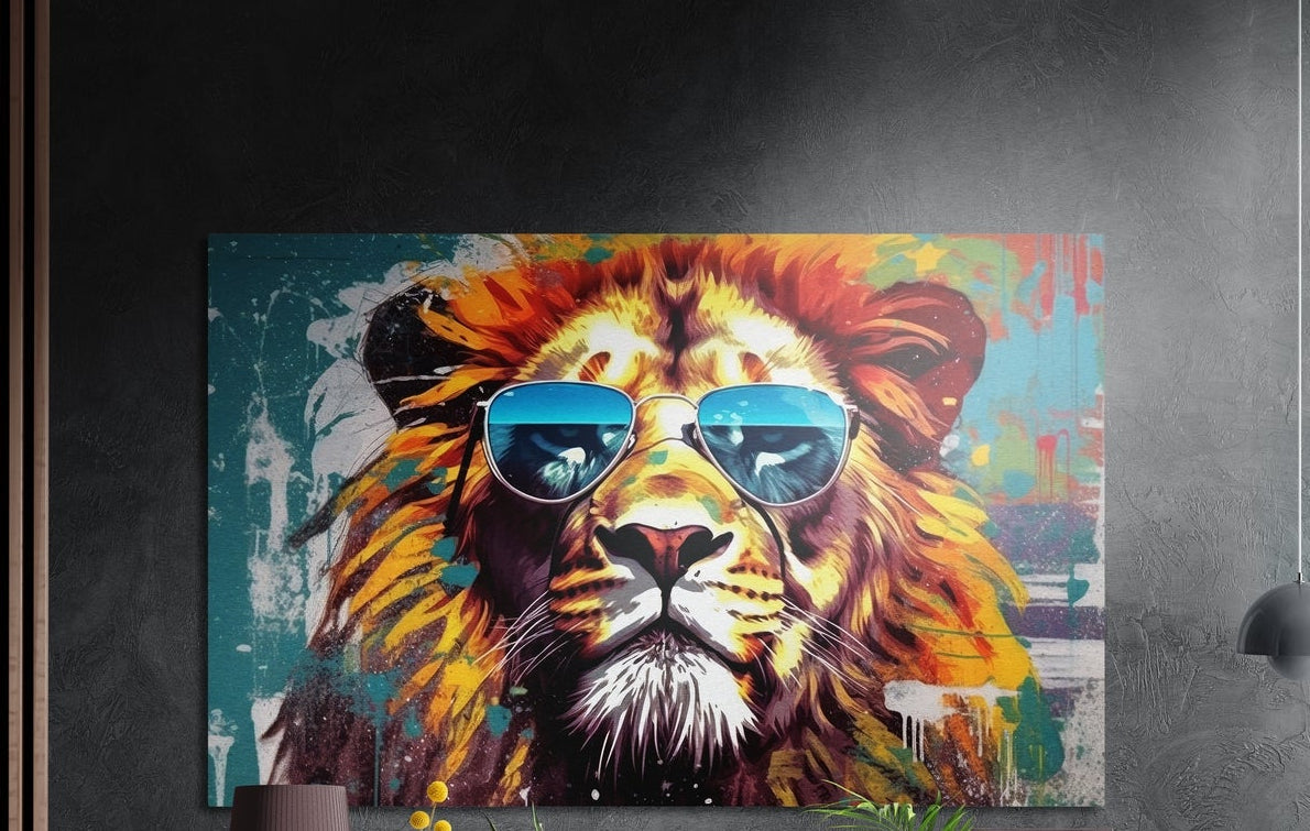 Pop art lion in blue aviators brushed aluminum wall art on a dark wall above yellow flowers and plants