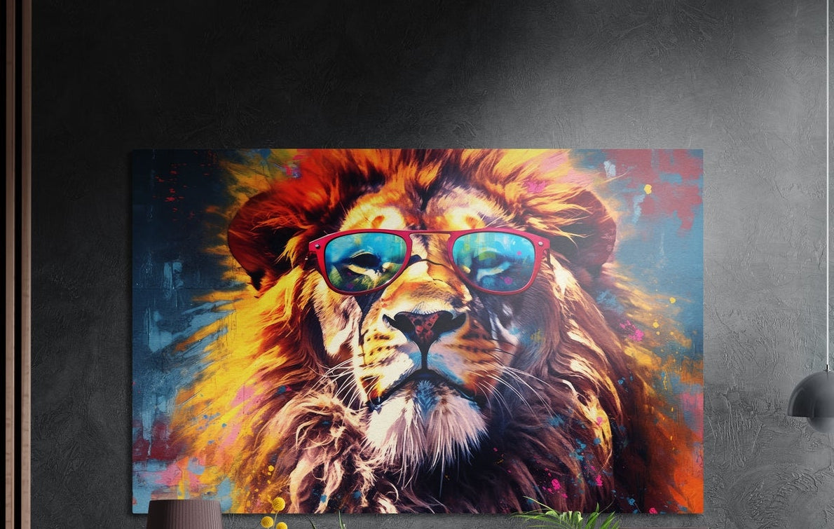 Fiery mane lion in red sunglasses brushed aluminum wall art on a dark wall above yellow flowers and plants