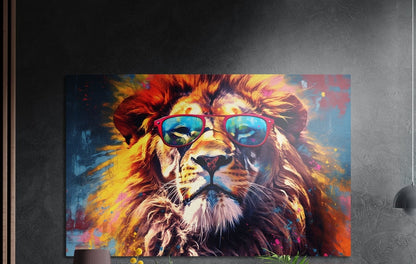 Fiery mane lion in red sunglasses brushed aluminum wall art on a dark wall above yellow flowers and plants