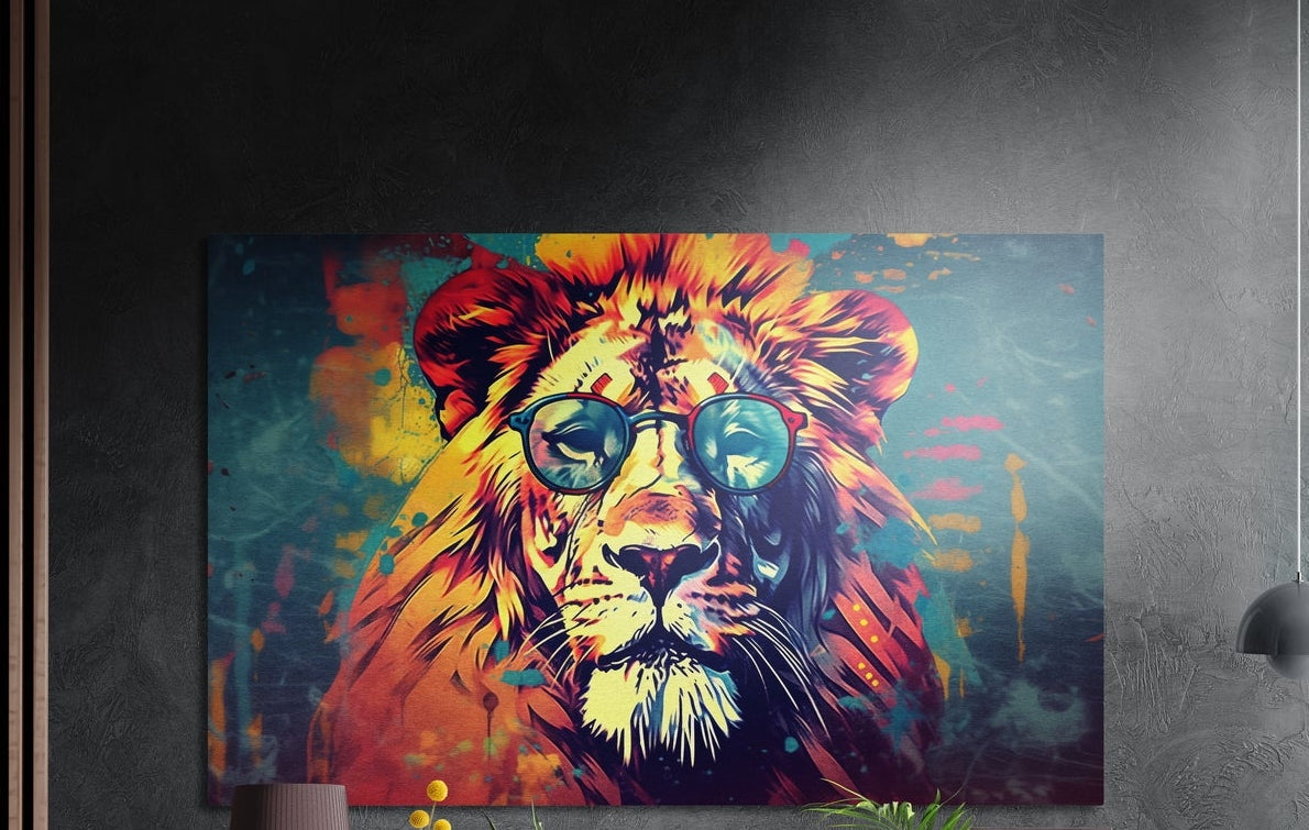 Pop art lion in round glasses brushed aluminum wall art on a dark wall above yellow flowers and plants