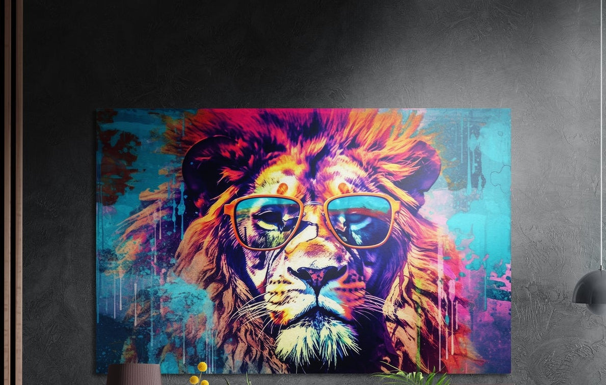 A magenta and gold pop art lion in orange rimmed shades on teal brushed aluminum wall art above yellow flowers and plants