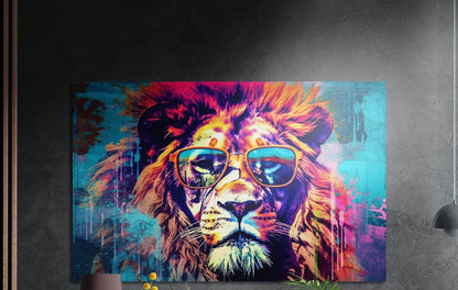 A magenta and gold pop art lion in orange rimmed shades on teal brushed aluminum wall art above yellow flowers and plants