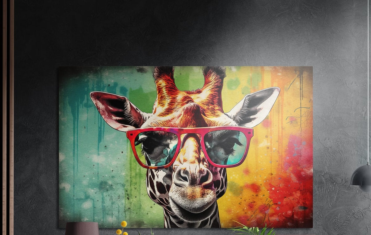 Pop art giraffe in red glasses on rainbow drips brushed aluminum wall art on a dark textured wall with plant tips below