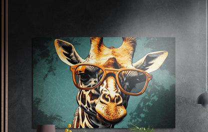 Pop art giraffe in amber sunglasses on teal brushed aluminum wall art on a dark textured wall with plant tips below