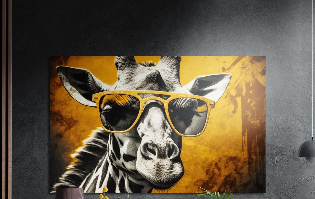 Pop art giraffe in gold sunglasses brushed aluminum wall art on a dark textured wall with plant tips below