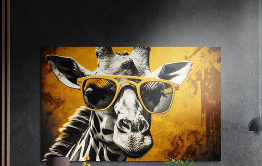 Pop art giraffe in gold sunglasses brushed aluminum wall art on a dark textured wall with plant tips below