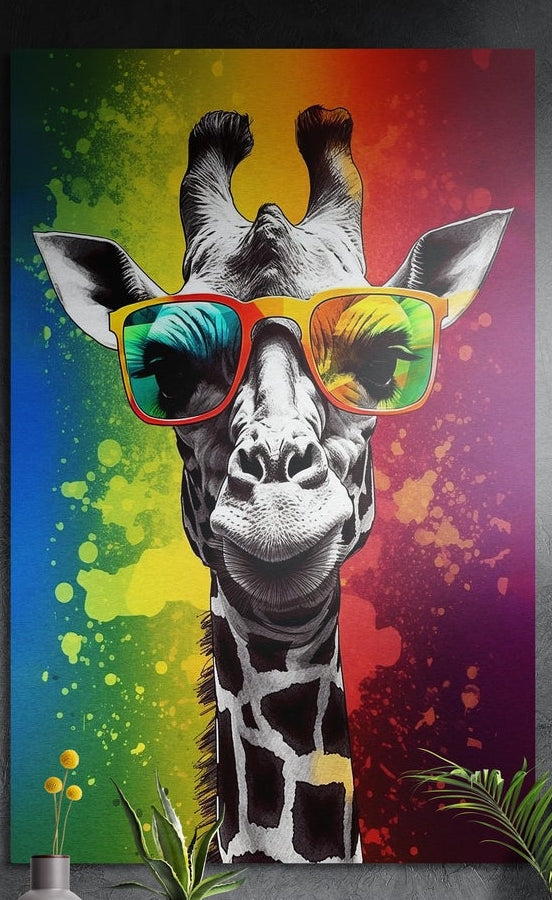 Pop art giraffe in mirrored shades on rainbow splash brushed aluminum wall art on a dark wall with leaves in front