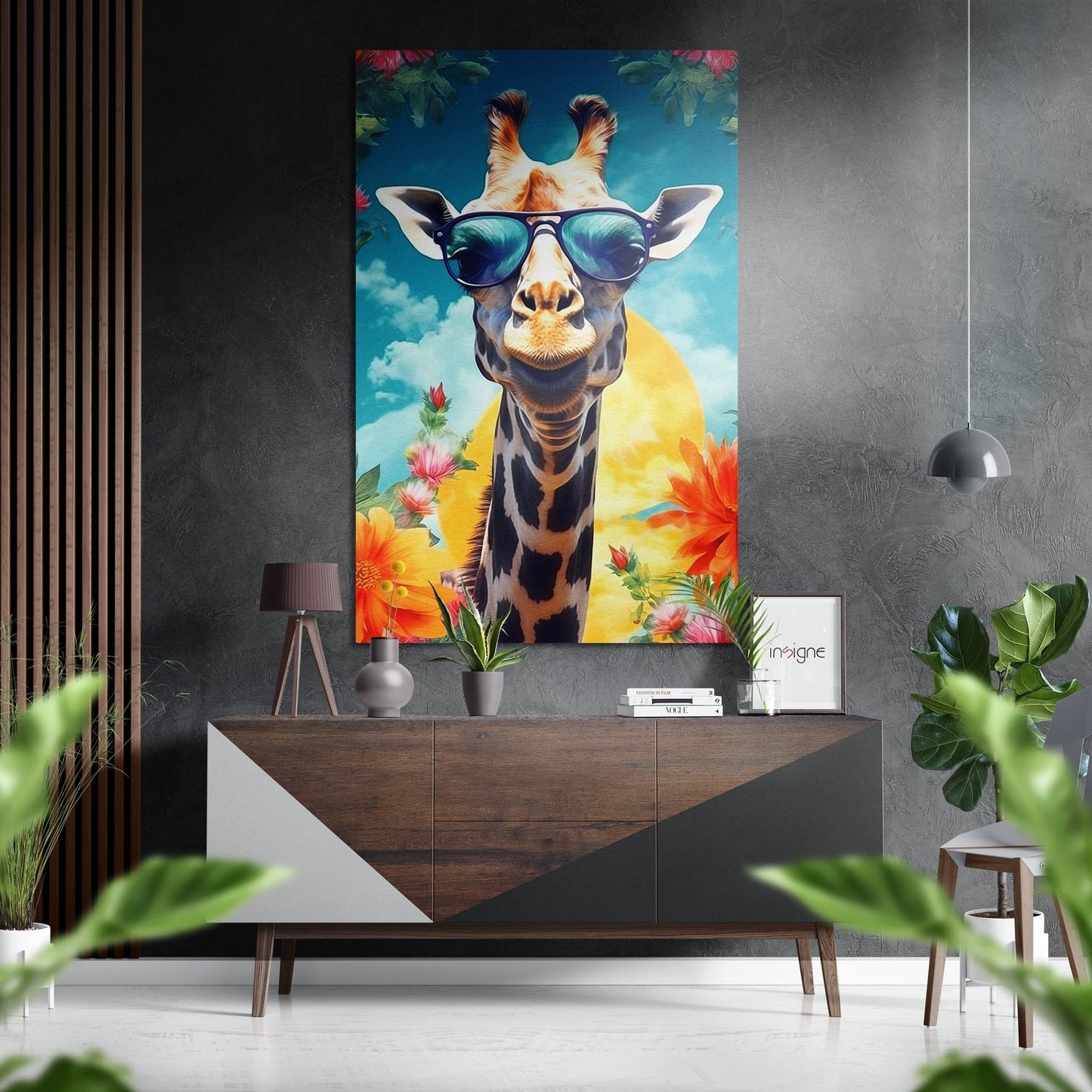 Happy Giraffe design printed on brushed aluminum Dibond metal wall art