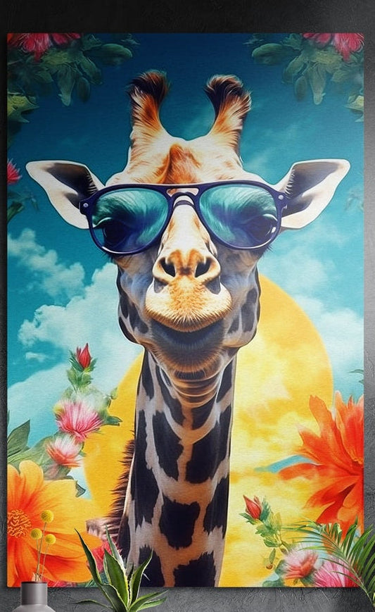 Pop art giraffe in blue aviators under a tropical sky brushed aluminum wall art on a dark wall with leaves in front