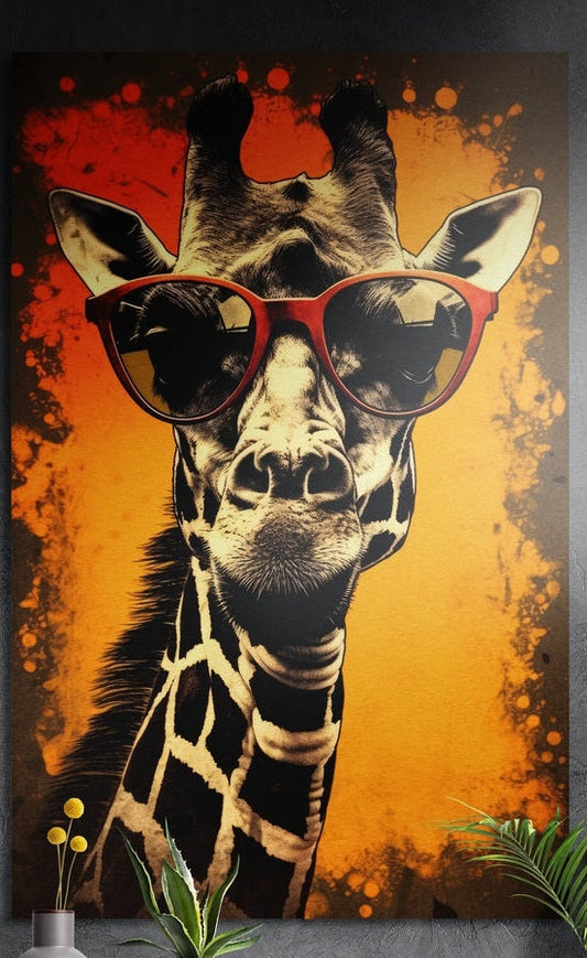 Retro pop art giraffe in red sunglasses on orange brushed aluminum wall art on a dark wall with leaves in front