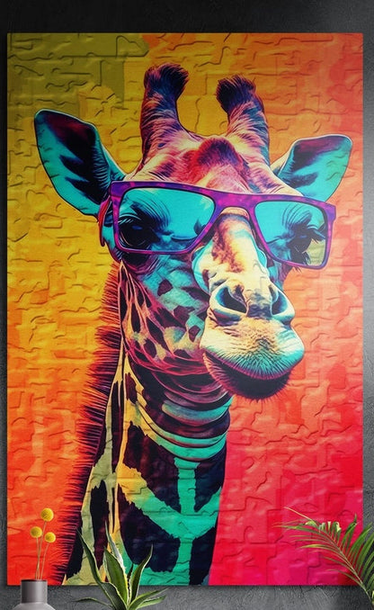 Neon pop art giraffe in purple sunglasses brushed aluminum wall art on a dark wall with leaves in front