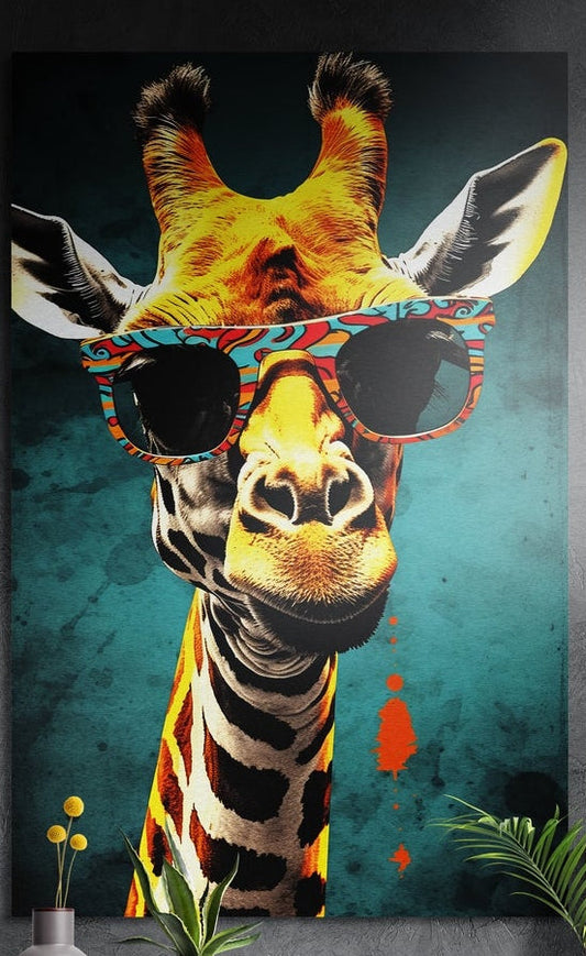 Pop art giraffe in paisley sunglasses on teal brushed aluminum wall art on a dark wall with leaves in front