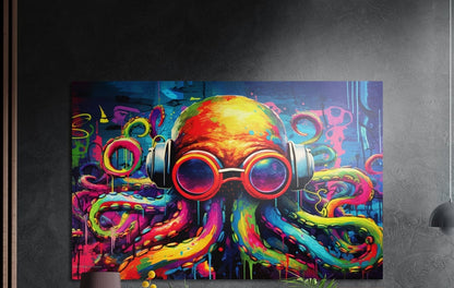 DJ octopus in headphones brushed aluminum wall art on a dark wall above yellow flowers and plants