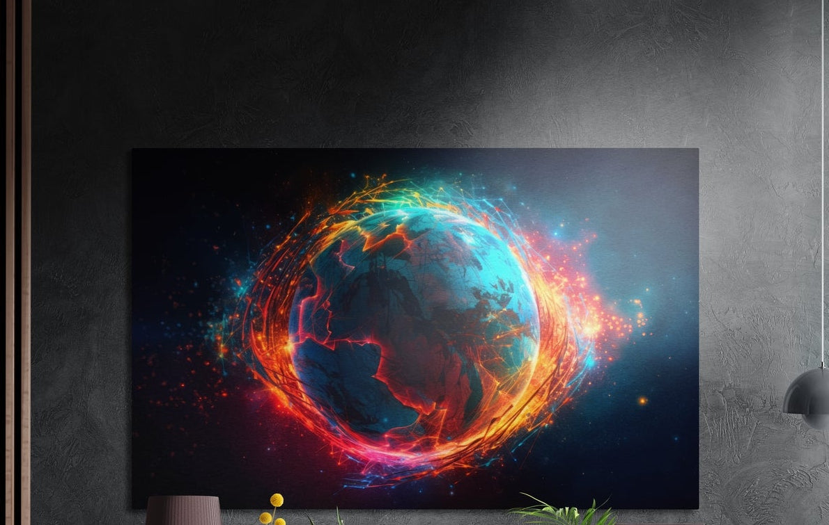 Earth globe ringed in neon fire brushed aluminum wall art on a dark textured wall above a lamp and plants