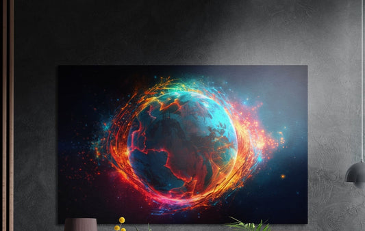 Earth globe ringed in neon fire brushed aluminum wall art on a dark textured wall above a lamp and plants
