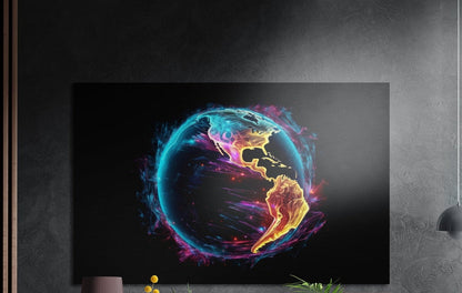 Neon teal Earth showing the Americas brushed aluminum wall art on a dark textured wall above a lamp and plants