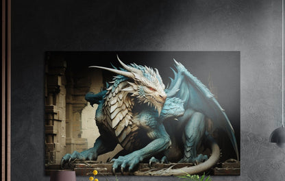 A turquoise scaled dragon with pale horns crouched in stone ruins brushed aluminum wall art above yellow flowers and plants