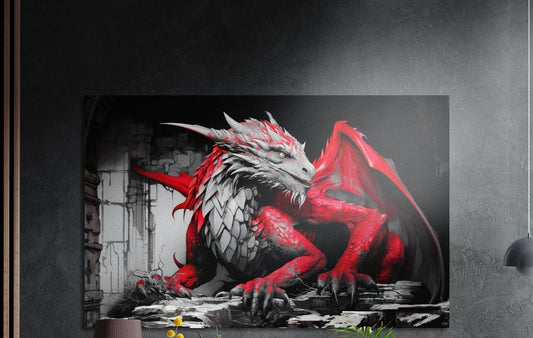 A crimson winged gray dragon crouched on gray stone ruins brushed aluminum wall art above yellow flowers and plants