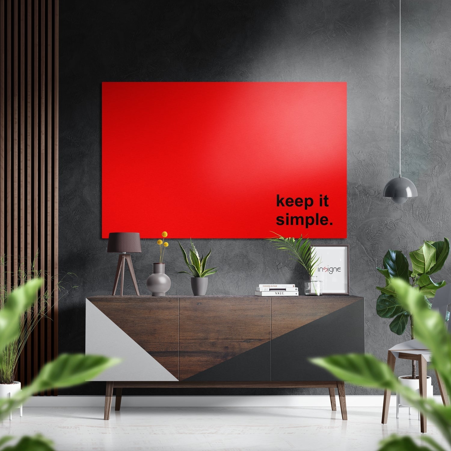 Keep It Simple black text metal wall art red panel quote