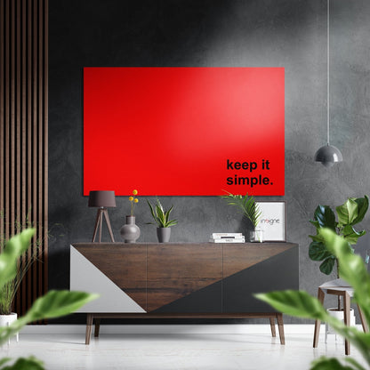 Keep It Simple black text metal wall art red panel quote