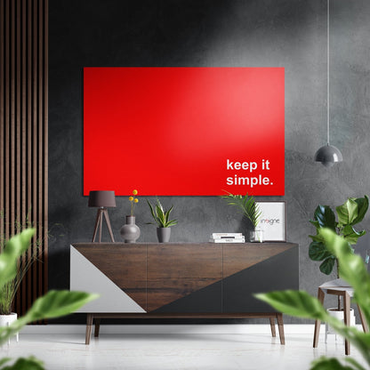 Keep It Simple white text metal wall art red panel quote
