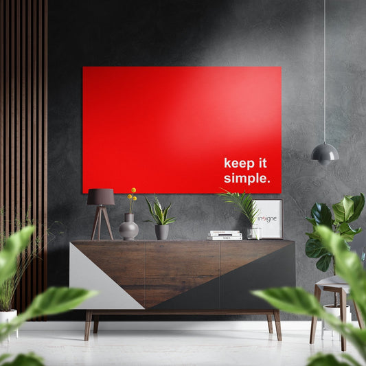 Keep It Simple white text metal wall art red panel quote