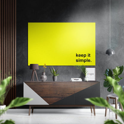Bright yellow Keep It Simple typography metal wall art