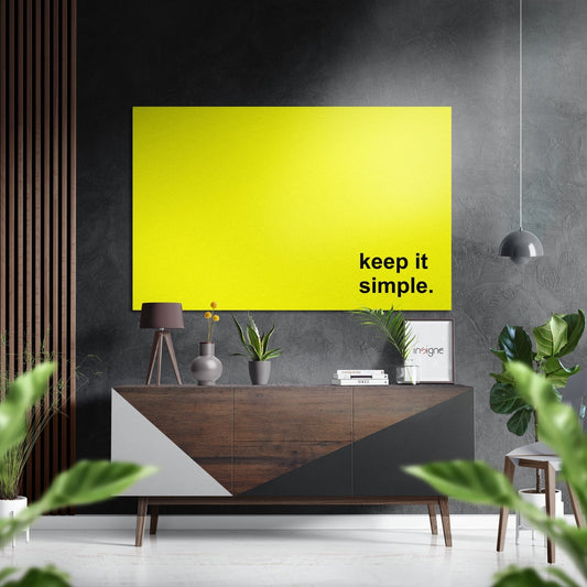 Bright yellow Keep It Simple typography metal wall art