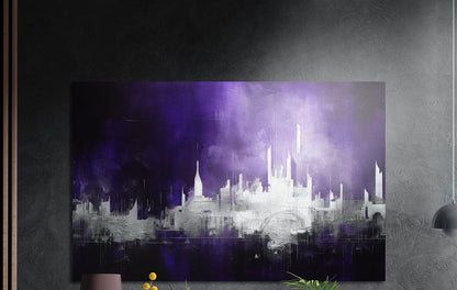 Purple haze city skyline brushed aluminum wall art on a dark textured wall, a lamp and plant tops below