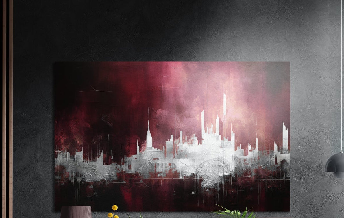 Crimson sky city skyline brushed aluminum wall art on a dark textured wall beside wood slats and a lamp