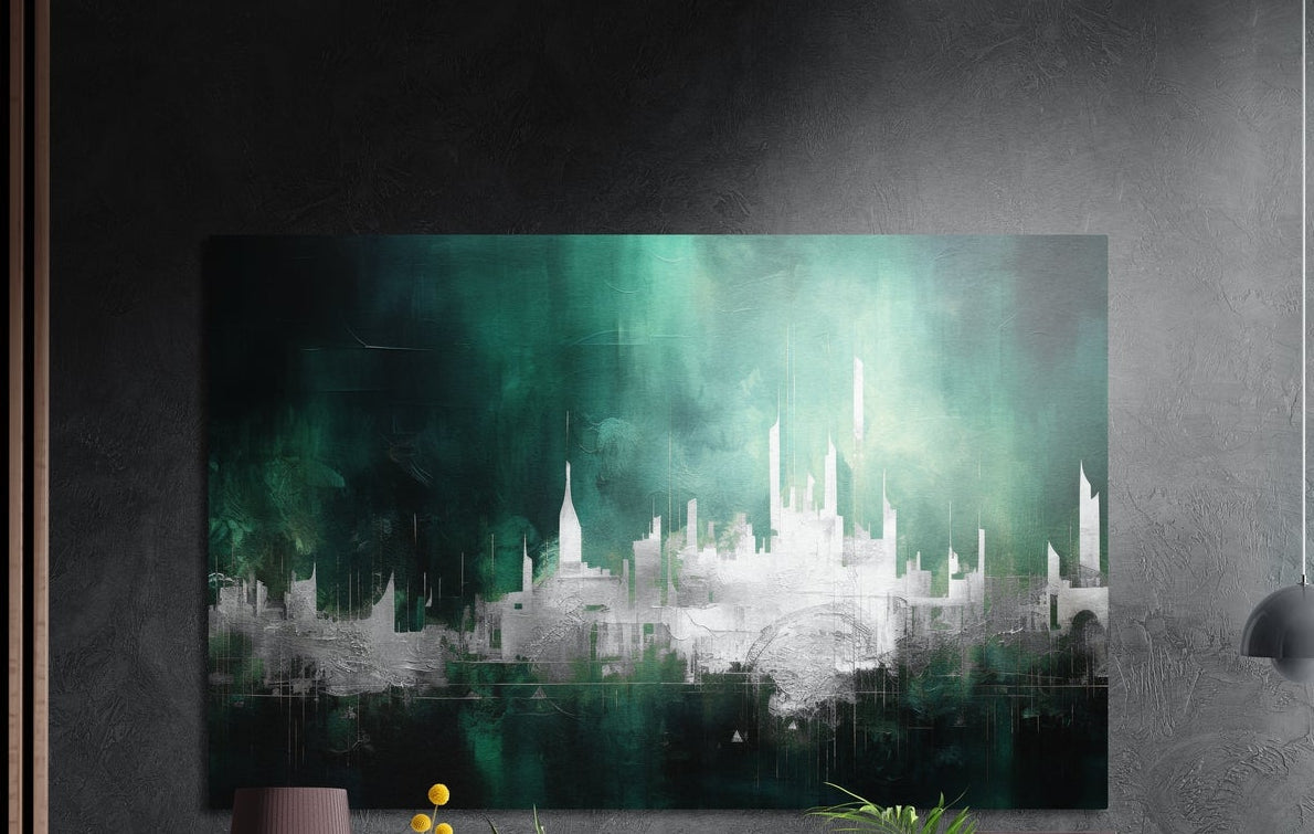 Emerald mist city skyline brushed aluminum wall art on a dark textured wall beside wood slats and a lamp