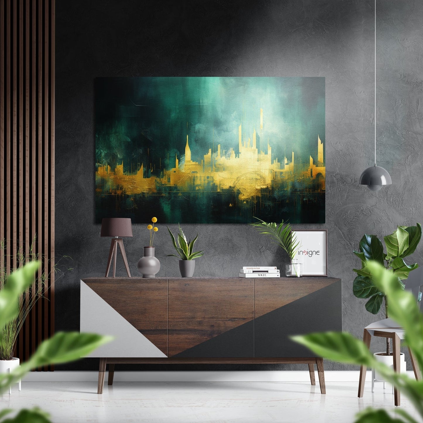 Golden Green City Skyline metal wall art