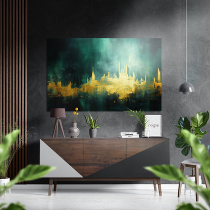 Golden Green City Skyline metal wall art