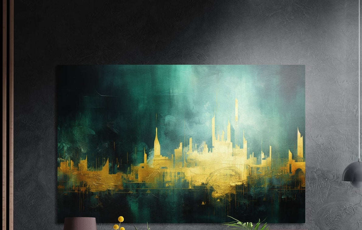 Golden green city skyline brushed aluminum wall art on a dark textured wall beside wood slats and a lamp