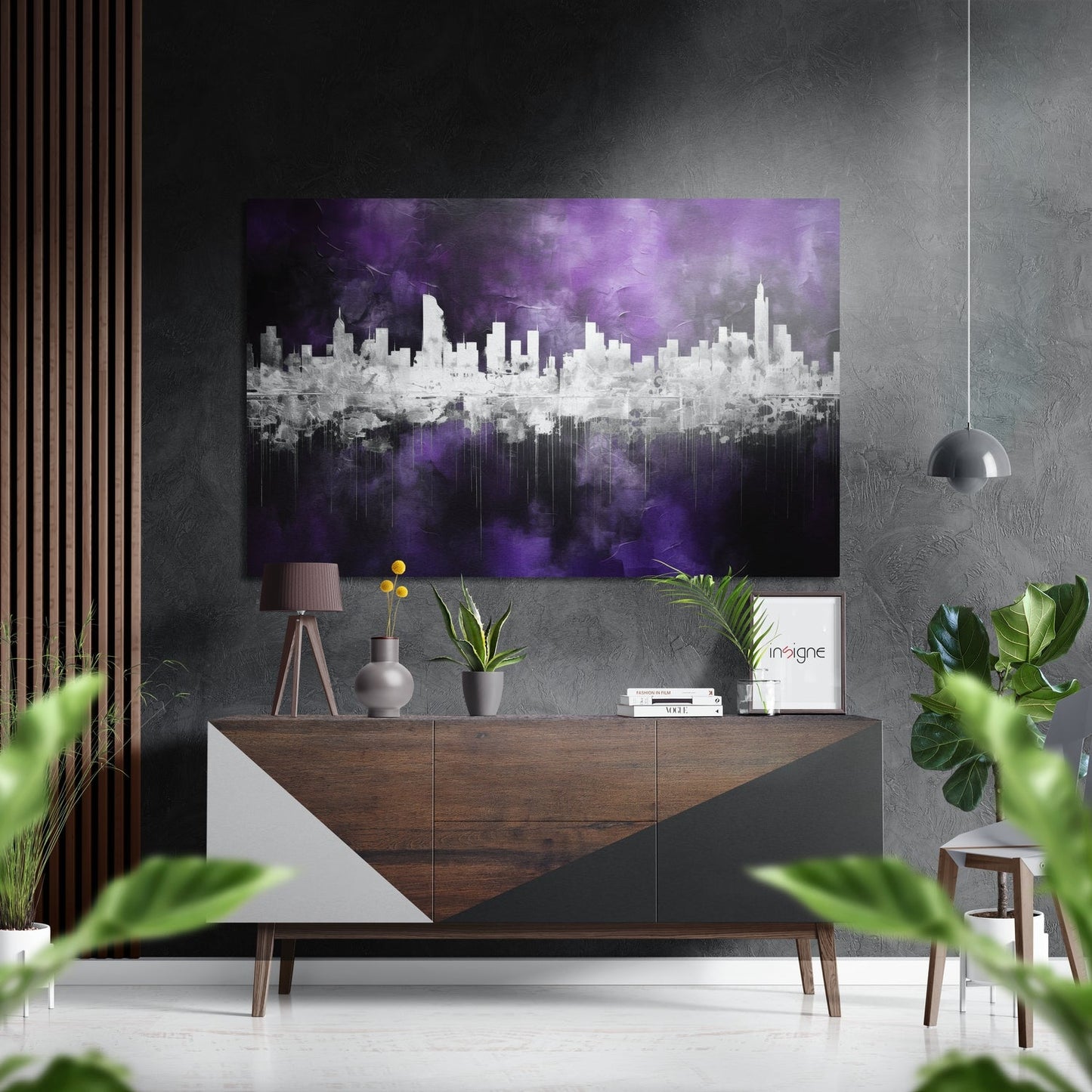 Purple Mirrored City Skyline metal wall art with violet urban silhouette