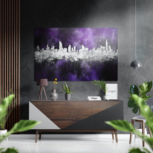 Purple Mirrored City Skyline metal wall art with violet urban silhouette