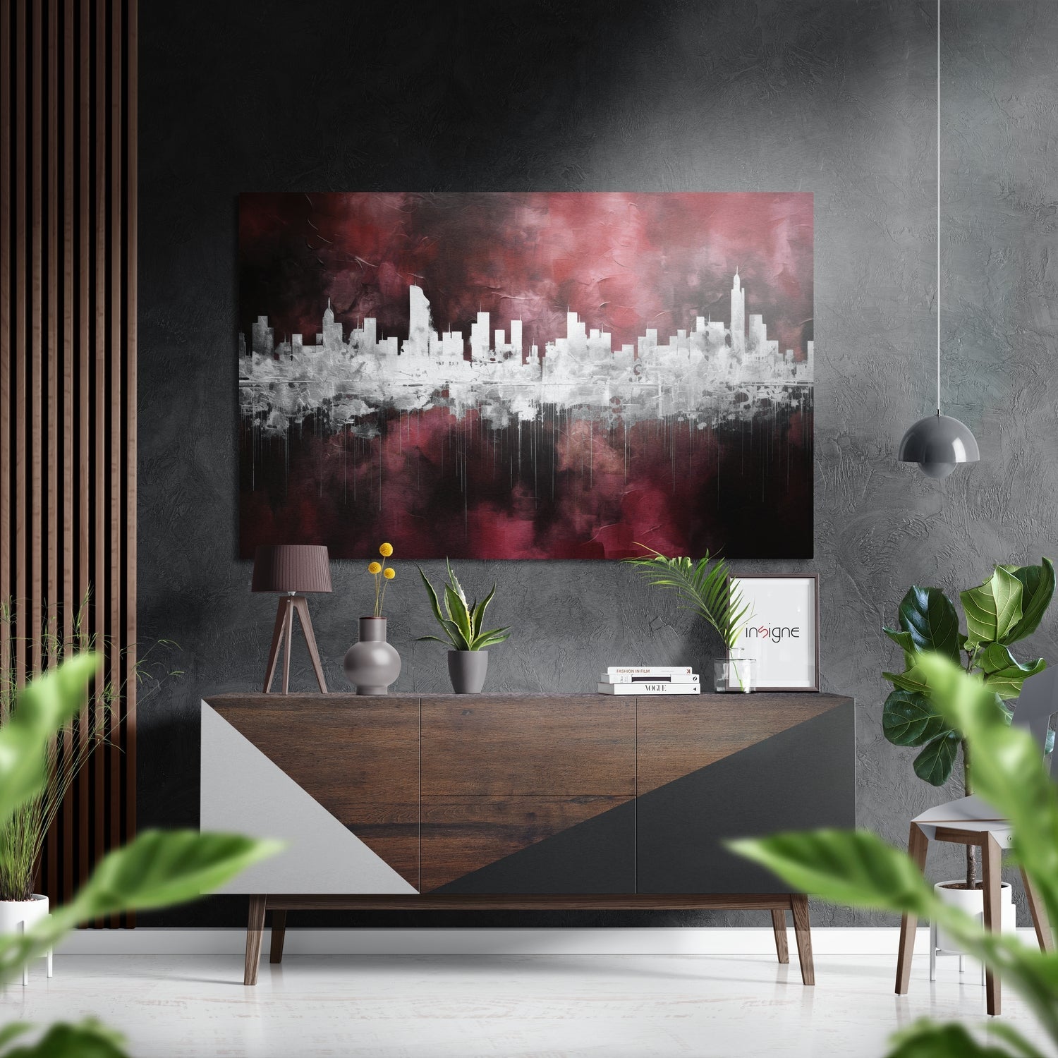 Burgundy reflected city skyline metal wall art