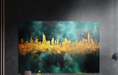 Golden teal city skyline brushed aluminum wall art on a dark textured wall beside wood slats and a lamp