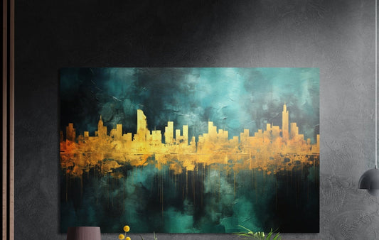 Golden teal city skyline brushed aluminum wall art on a dark textured wall beside wood slats and a lamp