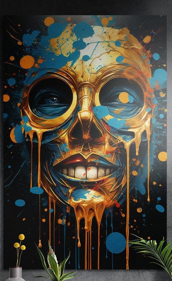 Gold dripping face with blue paint splatter brushed aluminum wall art on a gray concrete wall above small plants