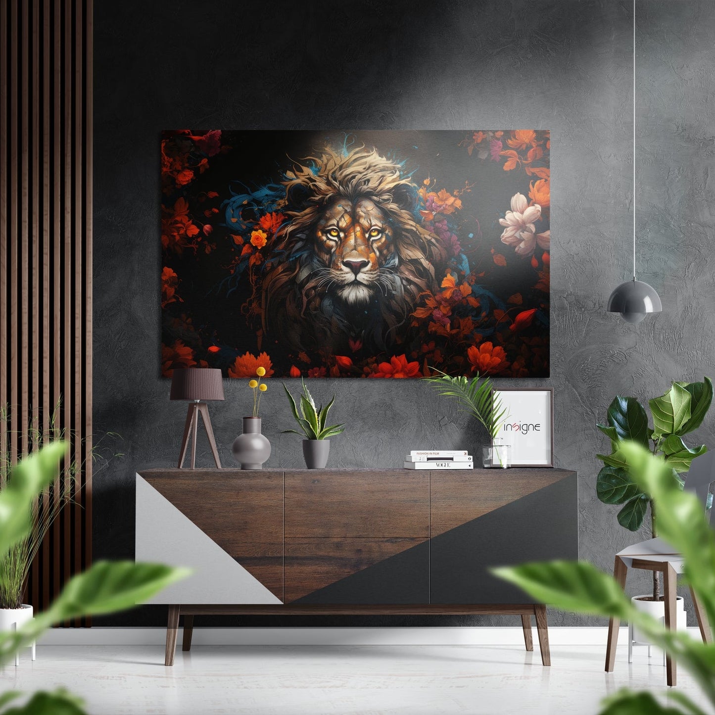 Lion in flowers big cat metal wall art