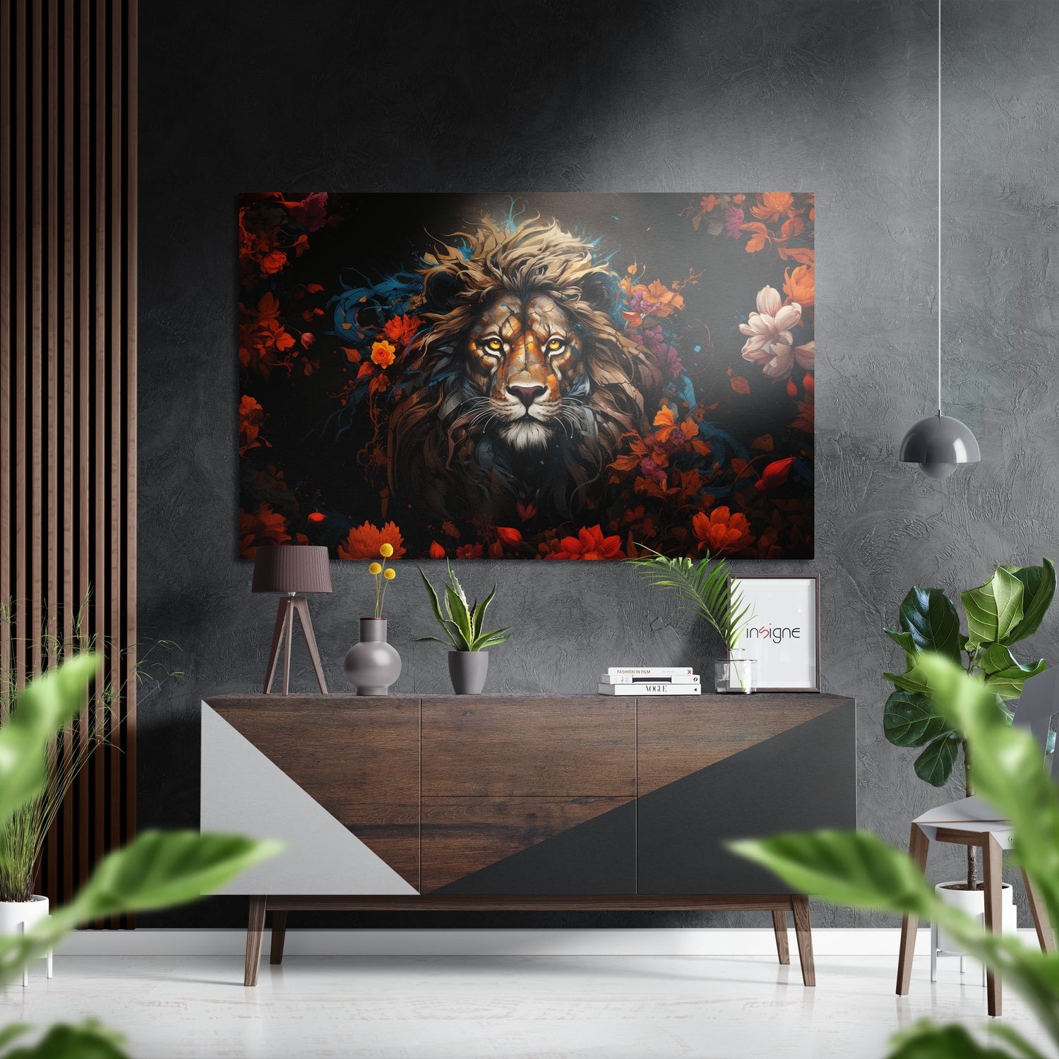 Lion in flowers big cat metal wall art