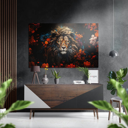 Lion in flowers big cat metal wall art