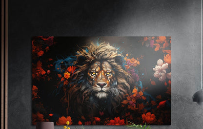 Lion with a golden mane among red, orange and pink blossoms, brushed aluminum wall art on a dark wall