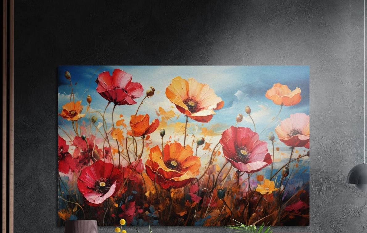 Red and orange poppies under a blue sky, brushed aluminum wall art on a dark gray wall beside a black wall lamp