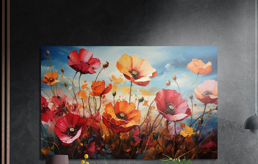 Red and orange poppies under a blue sky, brushed aluminum wall art on a dark gray wall beside a black wall lamp