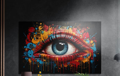 Blue eye in a burst of red, gold and teal paint drips, brushed aluminum wall art on a dark gray wall by wood slats