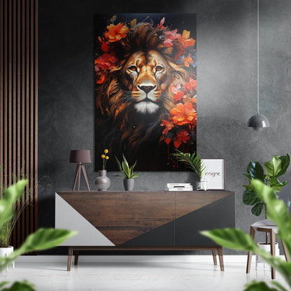 Lion in flowers big cat metal wall art