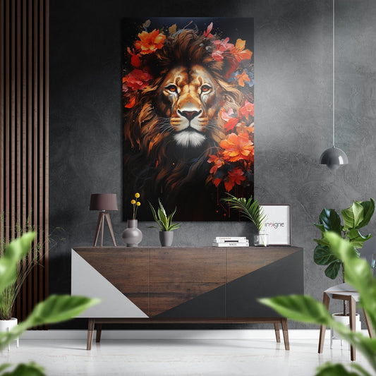 Lion in flowers big cat metal wall art